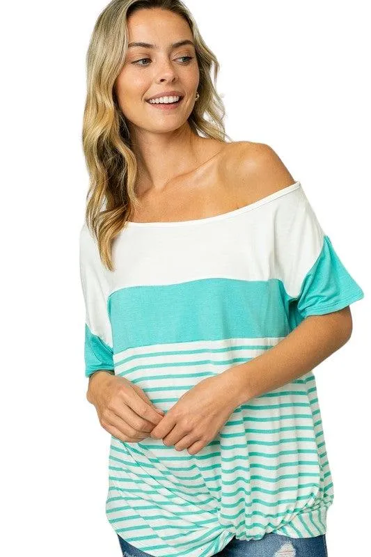 Plus Front Twist Off Shoulder Striped Top